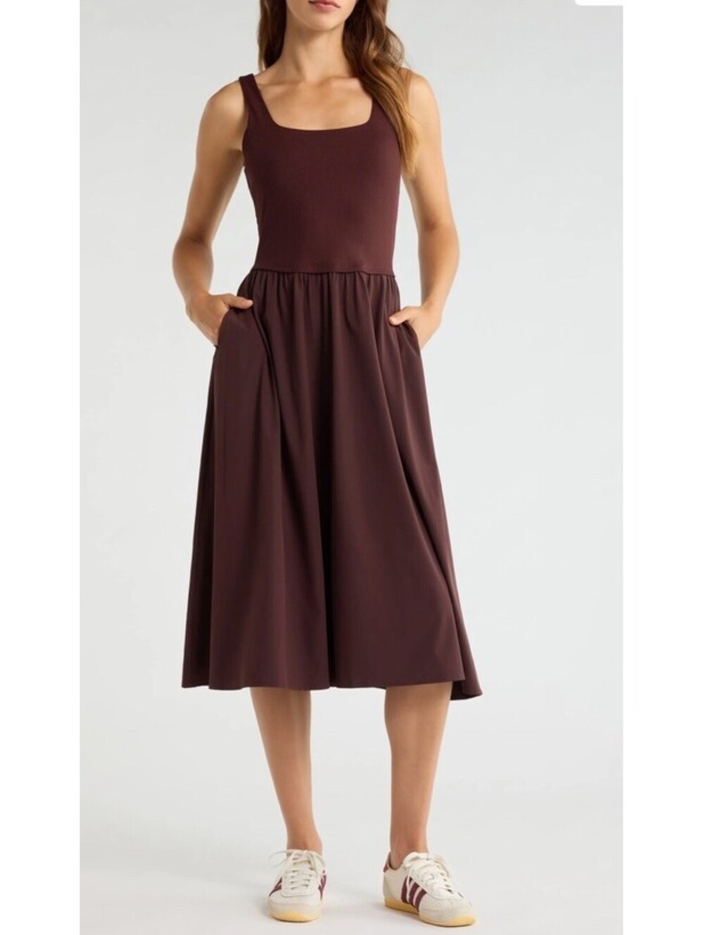 $89 Zella Effortless Brown Sleeveless Midi Dress with Pockets NWT Size L